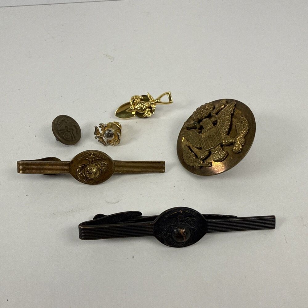 Vintage Military Tie Clip Button & Lapel Pin Lot Hickok USA USMC Eagle